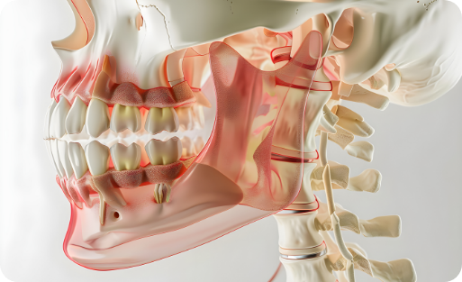 Illustrated skeleton of the head and neck with the jawbone highlighted in red